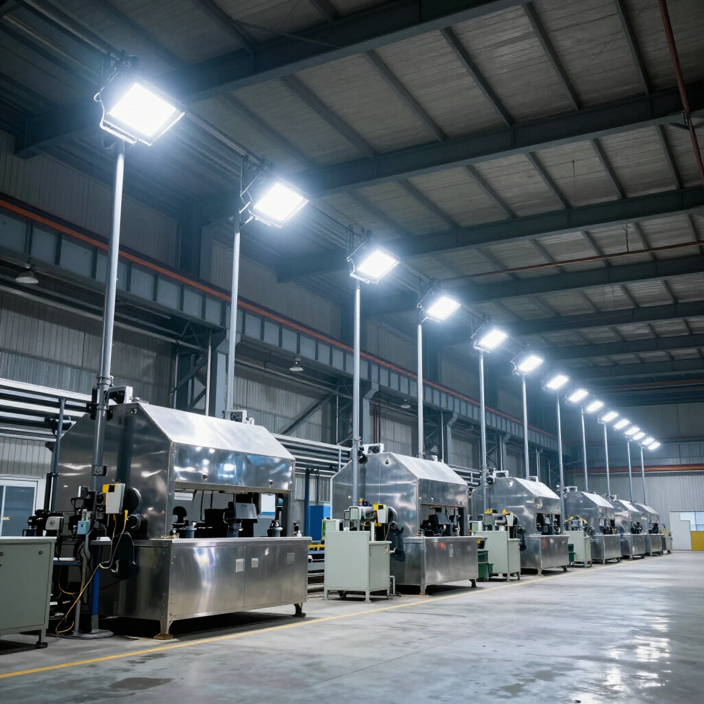 Industrial factory floor with row of stainless steel machines under bright overhead lights