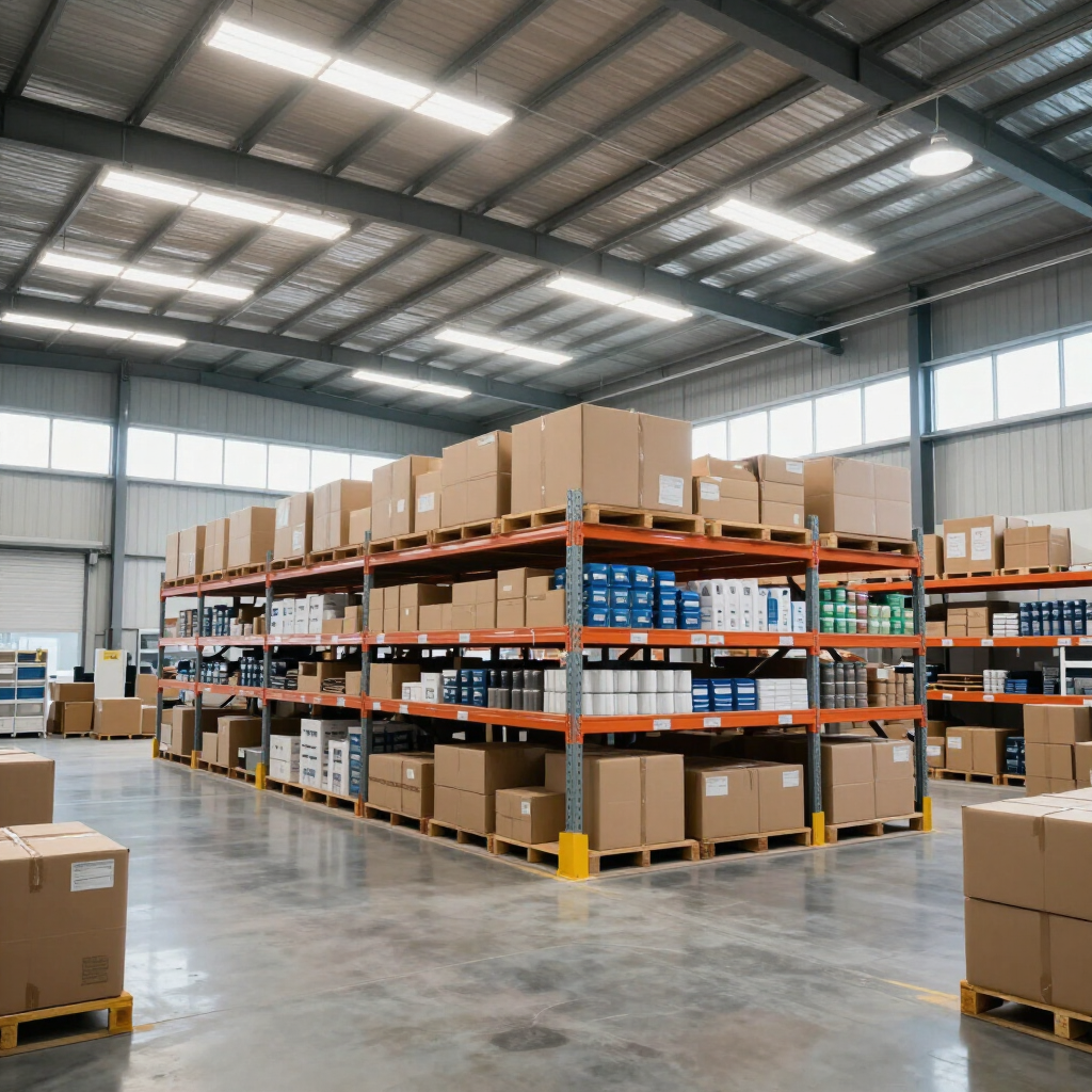 Warehouse interior with stacked cardboard boxes on orange shelving and a polished concrete floor