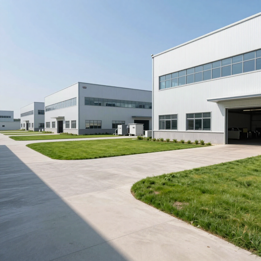Modern industrial buildings with white facades and a paved walkway beside green grass on a clear day