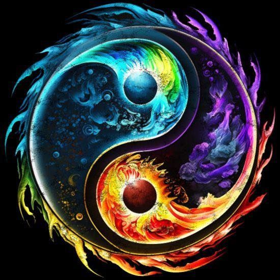 Het Yin Yang-symbool met wervelende, kleurrijke elementen