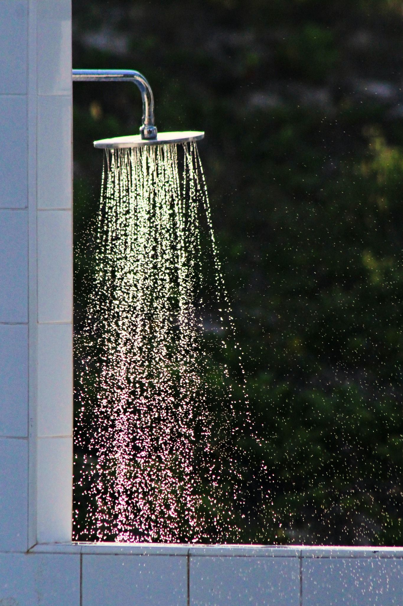 Douchekop die water spuit; druppels verlicht door zonlicht.