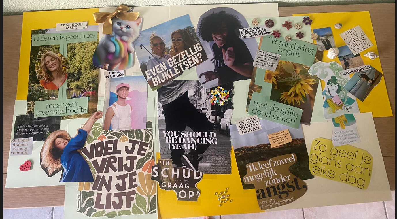 Collage met foto's, tekst en geel papier. Met mensen, mode en Nederlandse woorden.