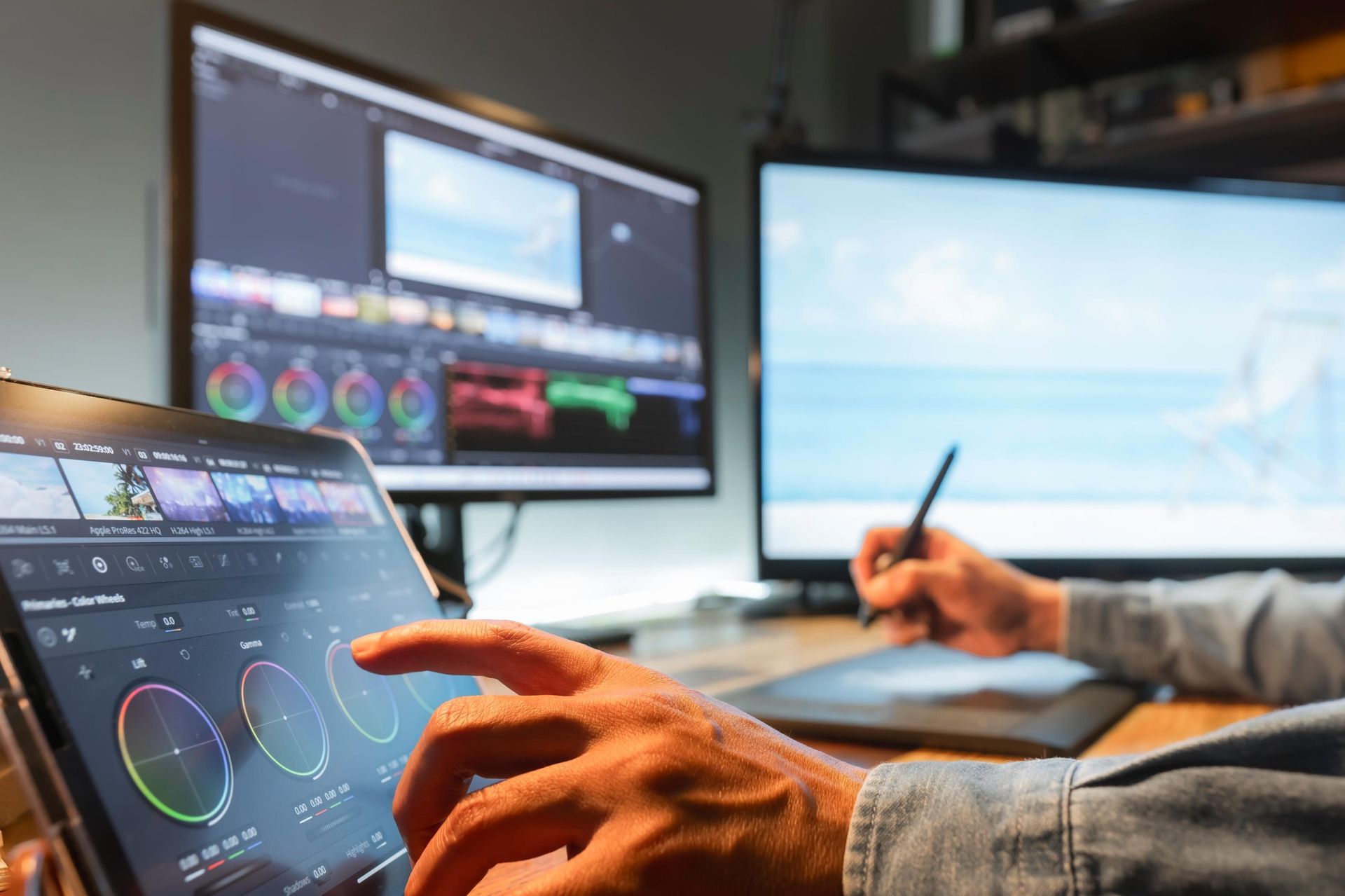 Person color grading video on a tablet, with dual monitors displaying editing software and graphics.