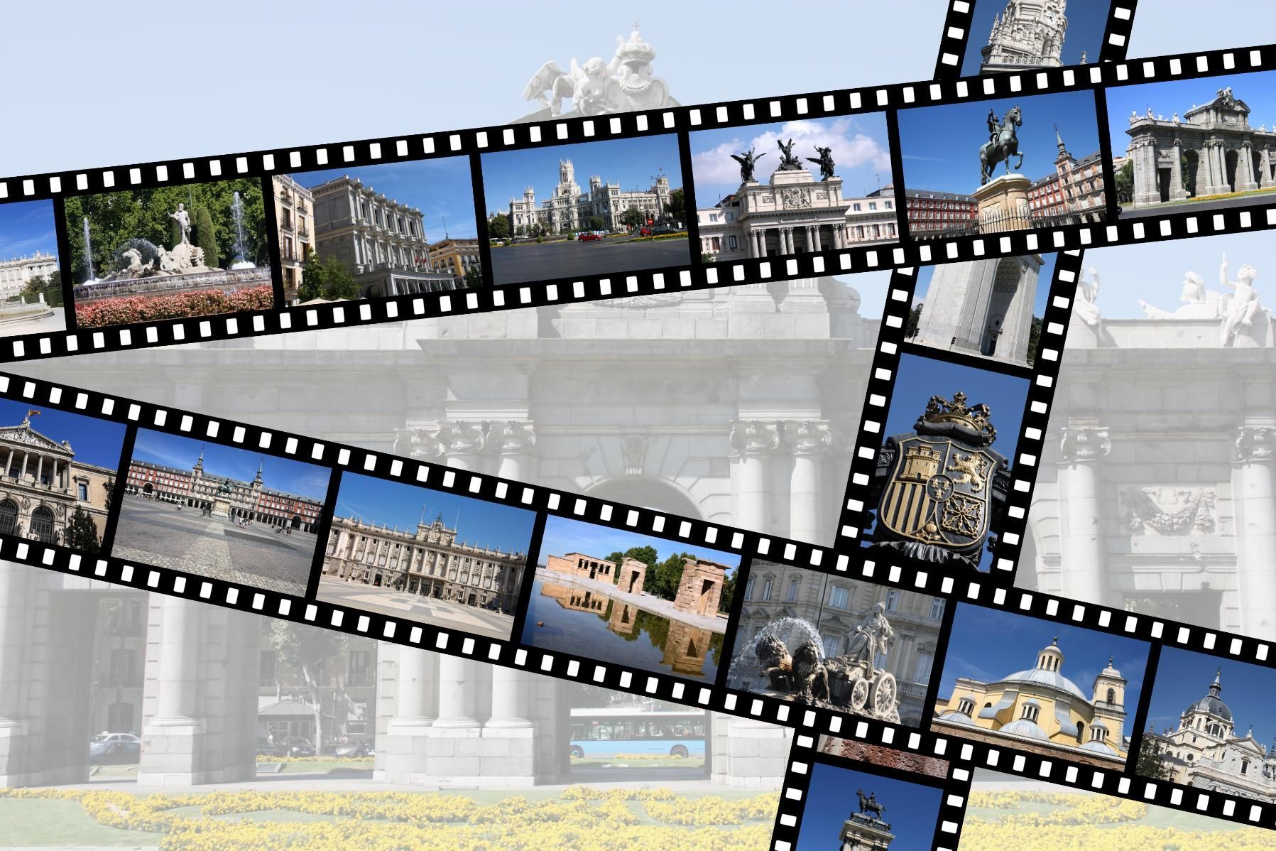 Film strips with city photographs overlaid on a blurred architectural background.