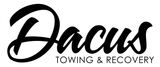 Logo for Dacus Towing & Recovery in black script font.
