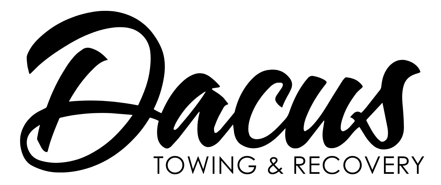 Logo for Dacus Towing & Recovery in black script font.
