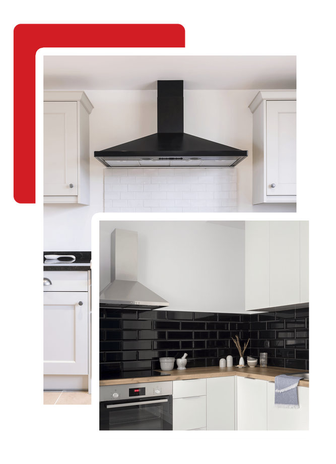 Black Enamel Oven Range Cooker with Chimney Hood in a Modern Kitchen — Brisbane, QLD — Rangehood Installation and Ducting Services Pty Ltd Black Enamel Oven Range Cooker with Chimney Hood in a Modern Kitchen — Brisbane, QLD — Rangehood Installation and Ducting Services Pty Ltd