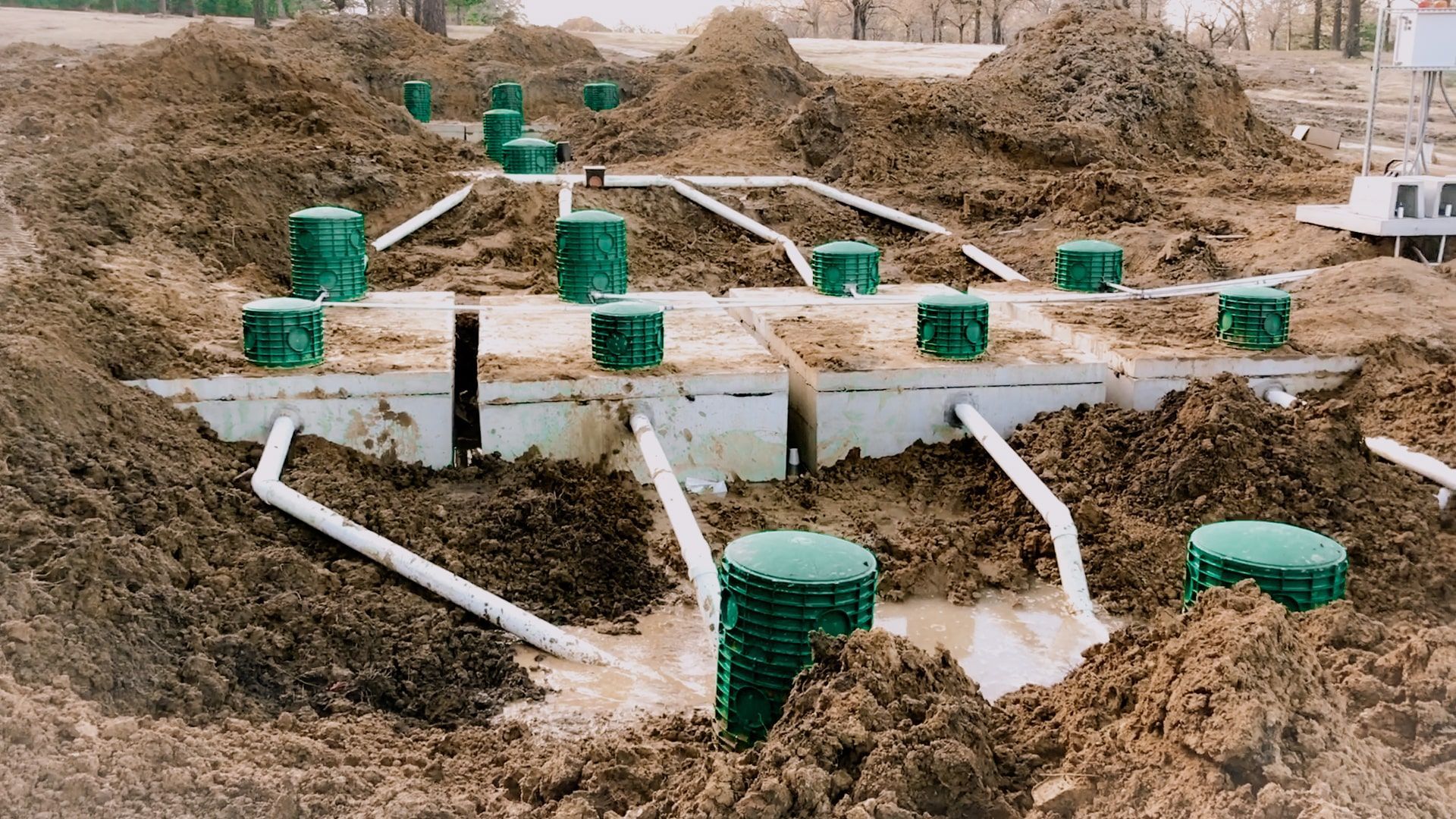 A partially buried septic system installation featuring multiple white tanks with green access risers in a muddy trench.