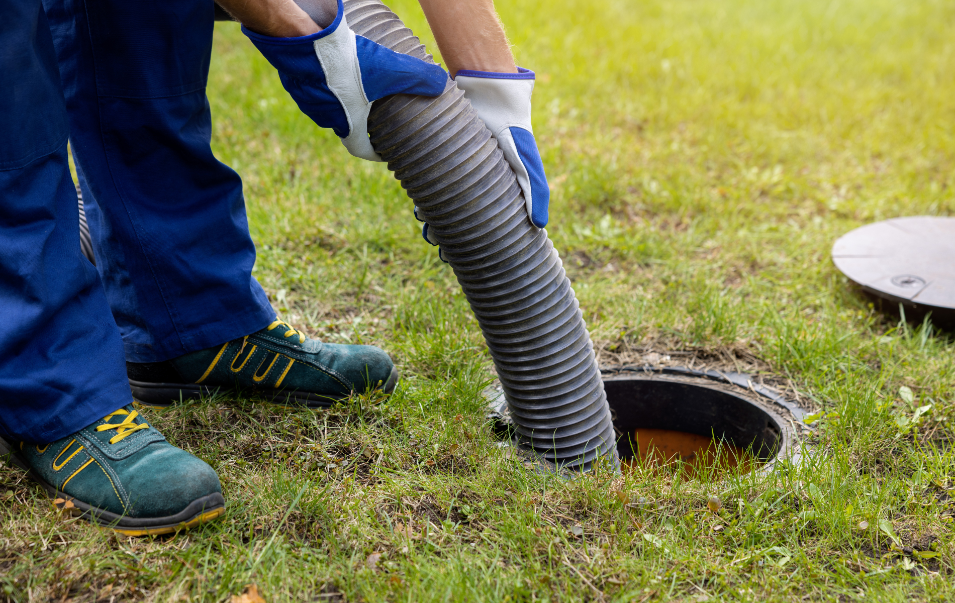 A worker in blue pants and gloves uses a vacuum hose to clean a residential septic tank located in a grass lawn.
