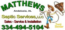 Logo for Matthews Septic Services in Andalusia, AL, featuring a cartoon cowboy lassoing an animated poop emoji.