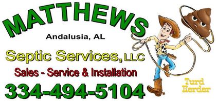 Advertisement for Matthews Septic Services in Andalusia, AL, featuring a cartoon cowboy lassoing a pile of poop.