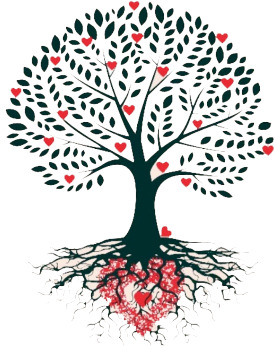 Un albero con cuori sui rami e sulle radici.