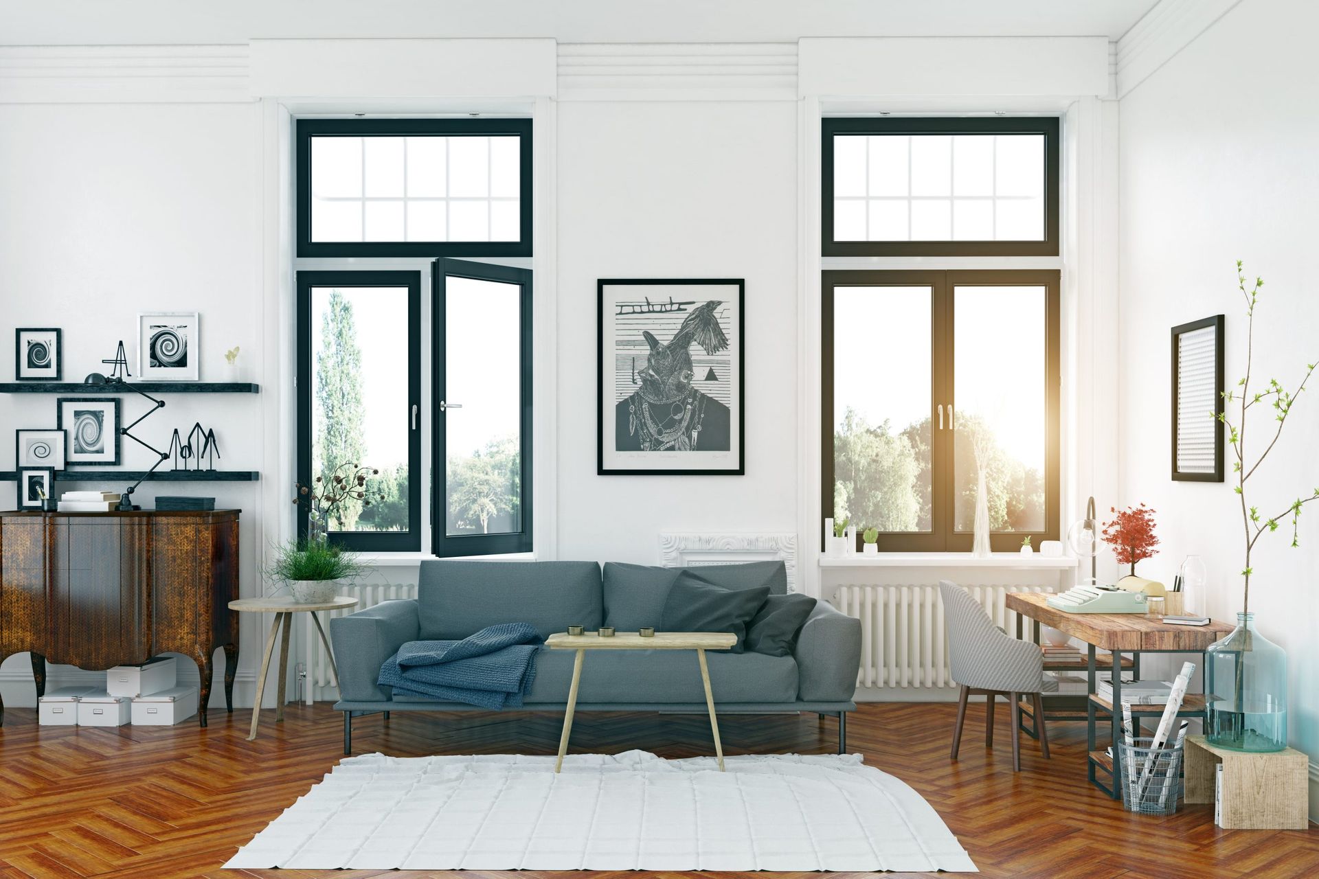 Cozy living room with blue sofa, wooden furniture, and large windows with black frames