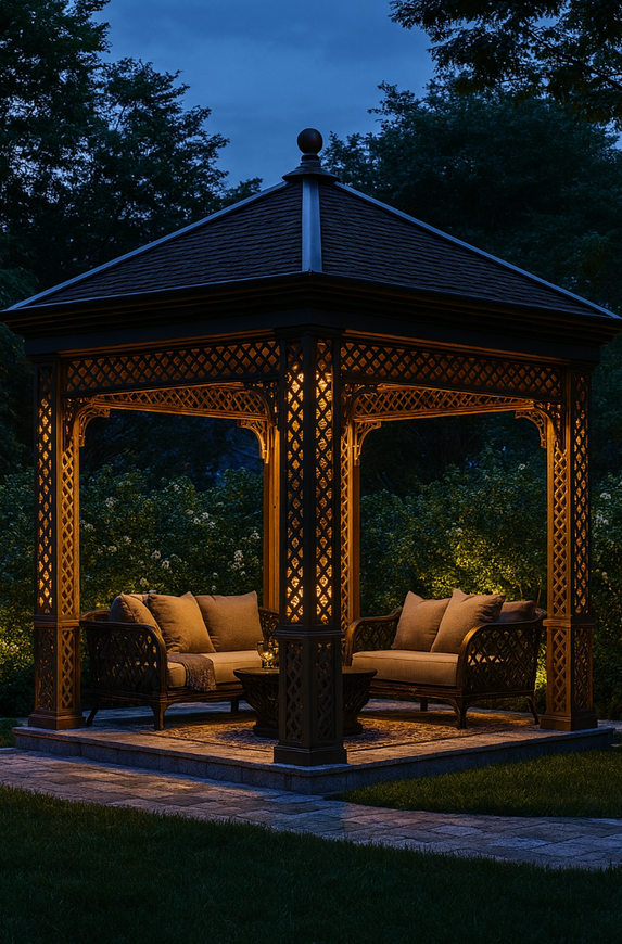 Lit gazebo at dusk with two couches, set in a garden