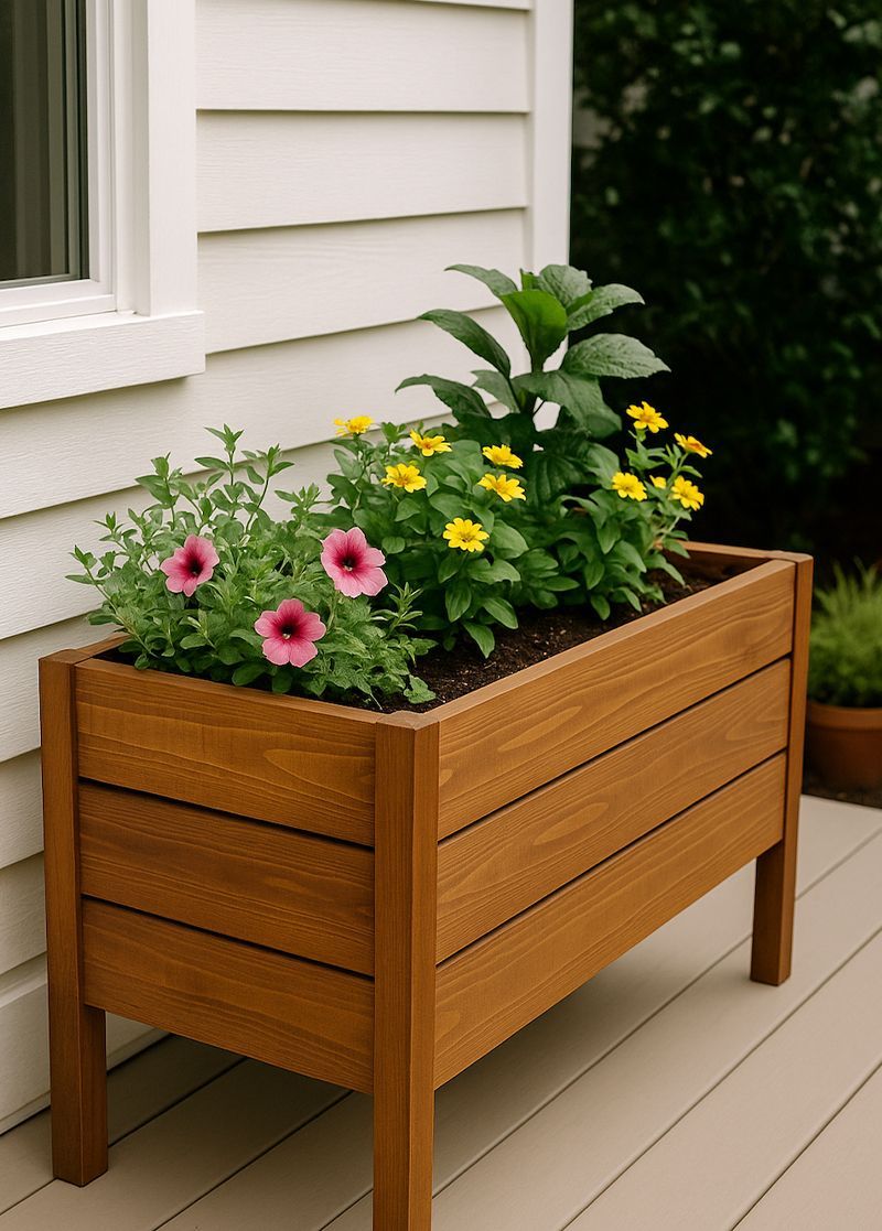Wooden raised planter box with flowers, next to a white house wall