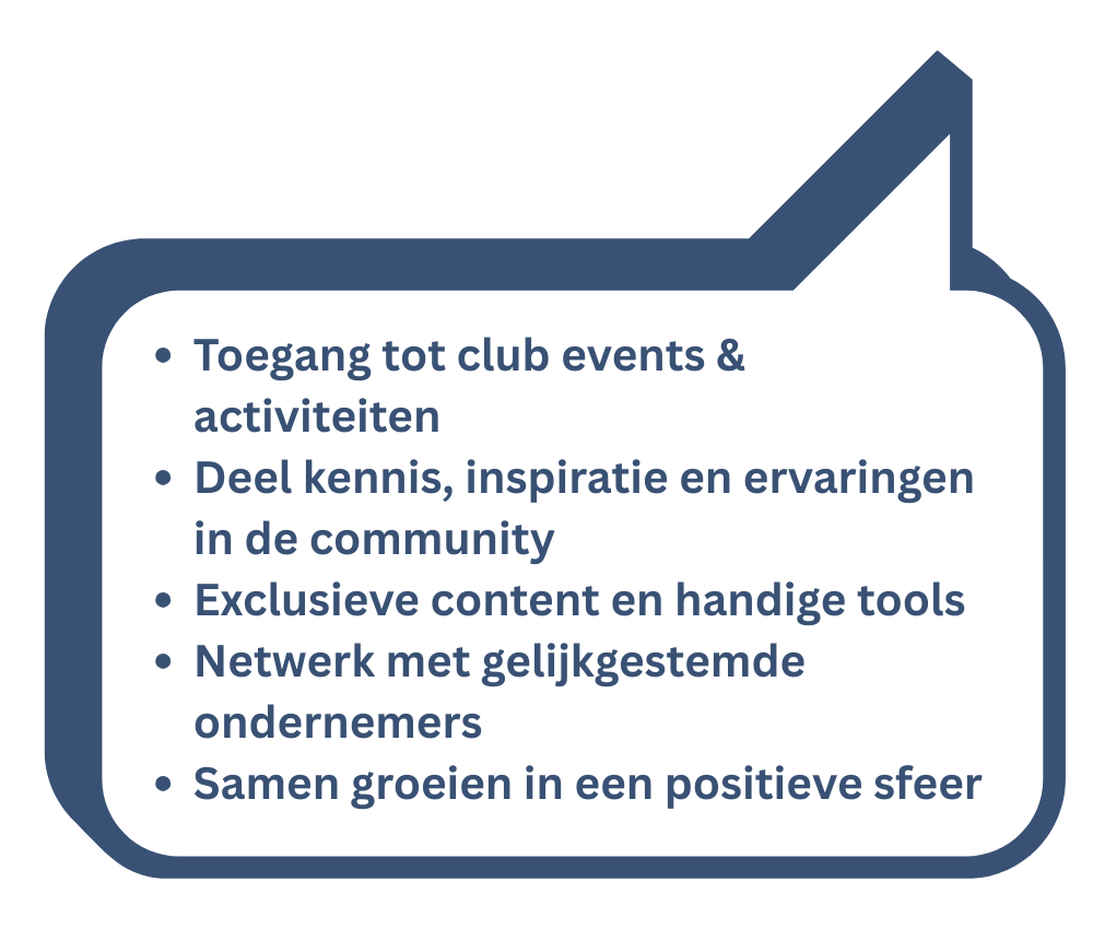Blauwe tekstballon met Nederlandse tekst: clubevenementen, kennisdeling, exclusieve content, netwerken en groei.