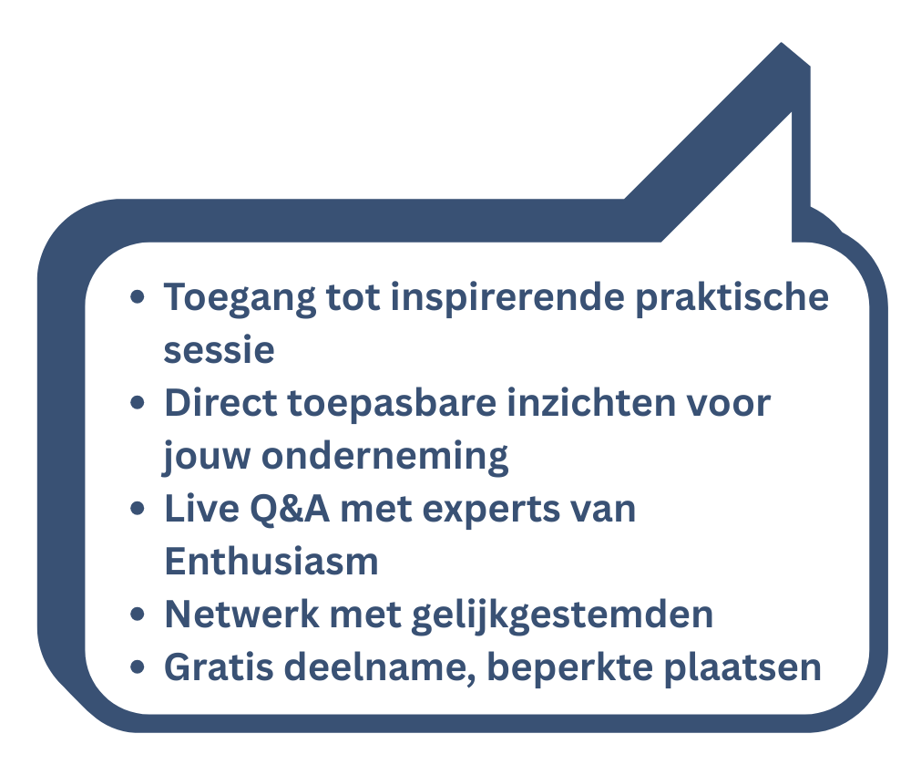 Blauwe tekstballon met tekst in het Nederlands: toegang tot inspiratie, inzichten voor bedrijven, vragen en antwoorden met experts, netwerken en gratis deelname.