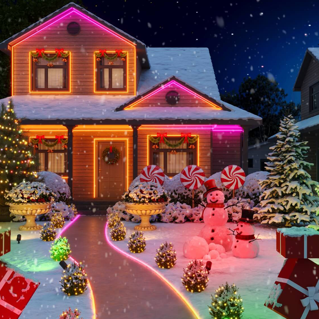 A house decorated for christmas with snowmen , trees , and gifts