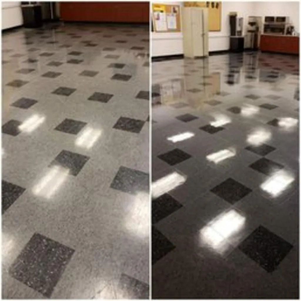 Side-by-side hallway floor comparison: matte gray tiles on left, glossy reflective tiles on right.