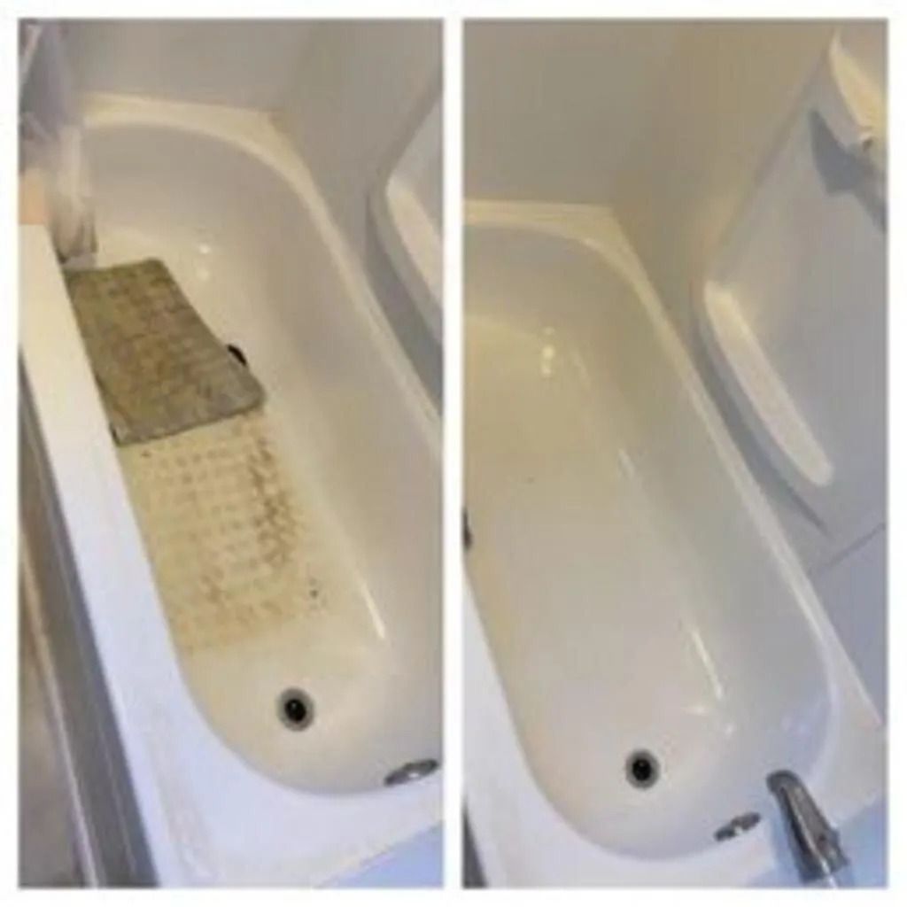 Before-and-after of a bathtub cleaning, showing a dirty tub with a scrub pad and a clean tub basin.
