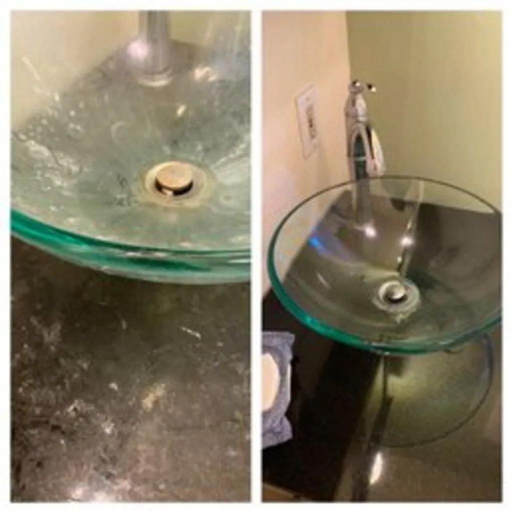 Glass vessel sink with chrome faucet in a bathroom, shown close up and from a wider angle.