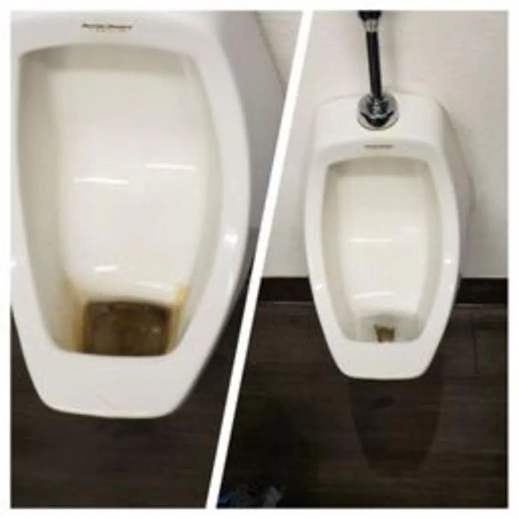 Side-by-side urinals: one stained and dirty, the other clean and white.