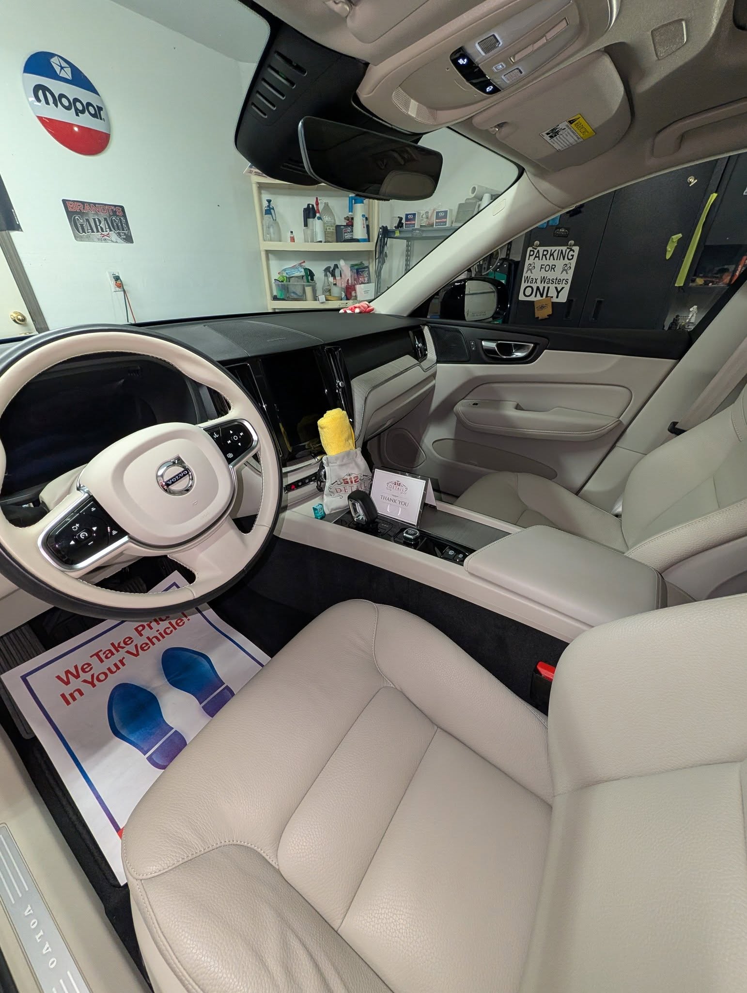 Interior of a light-colored Volvo