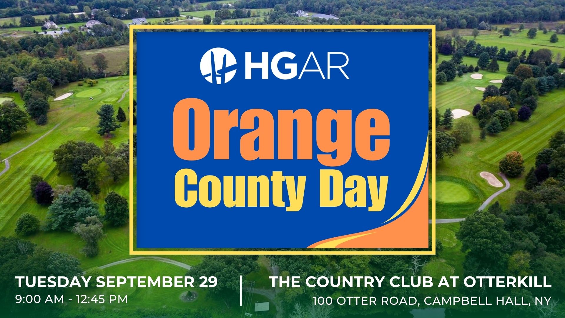 HGAR Orange County Day event banner over a green aerial landscape, with date and location details.