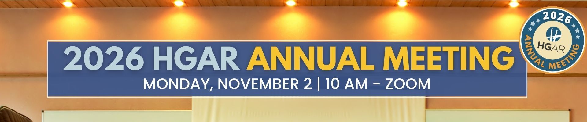 2026 HGAR Annual Meeting banner, blue and gold, with date Monday, November 2, 10 AM, Zoom