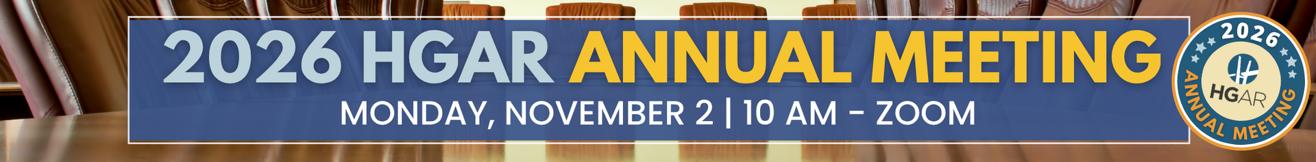 Banner for the 2026 HGAR Annual Meeting, with logo and date, Nov. 20, 2026, at Glenpointe Marriott, Teaneck, NJ