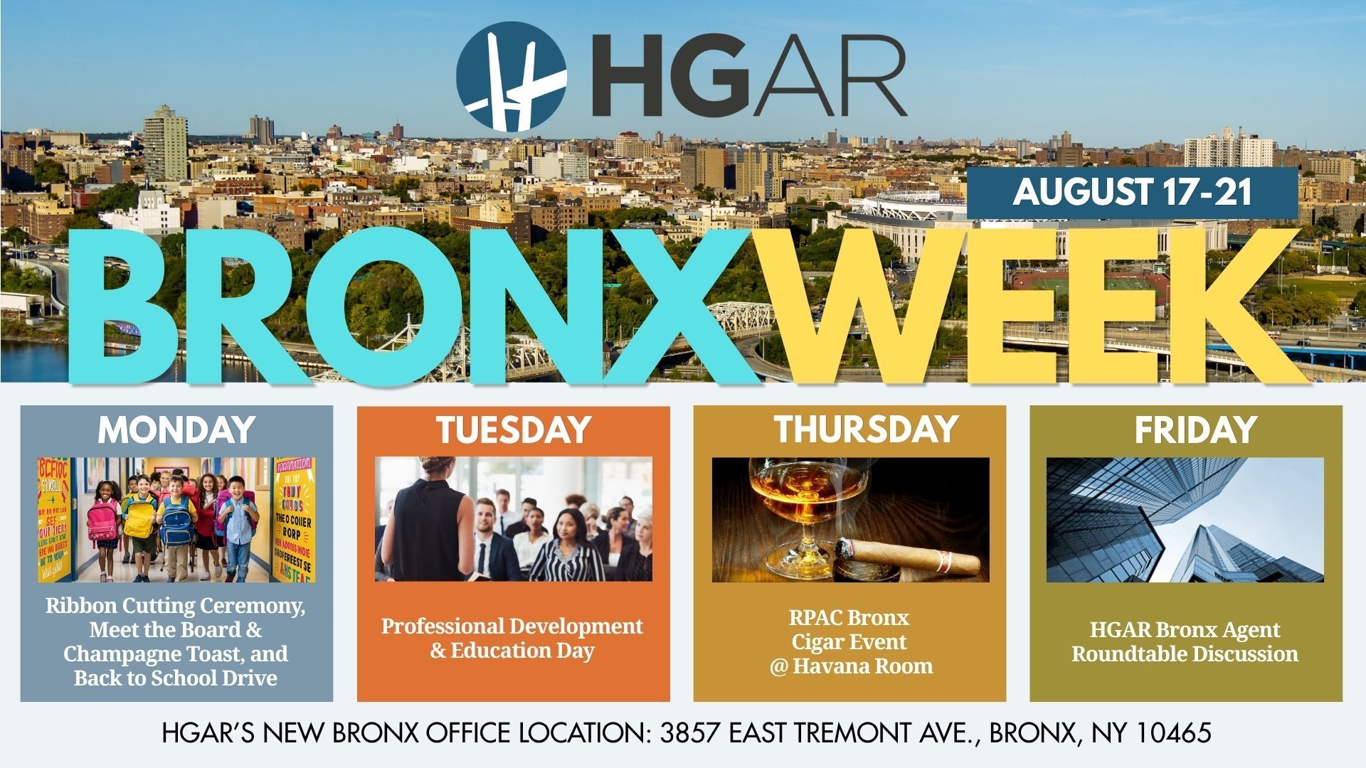 HGAR Bronxy Week event banner with five weekday panels and NYC skyline background