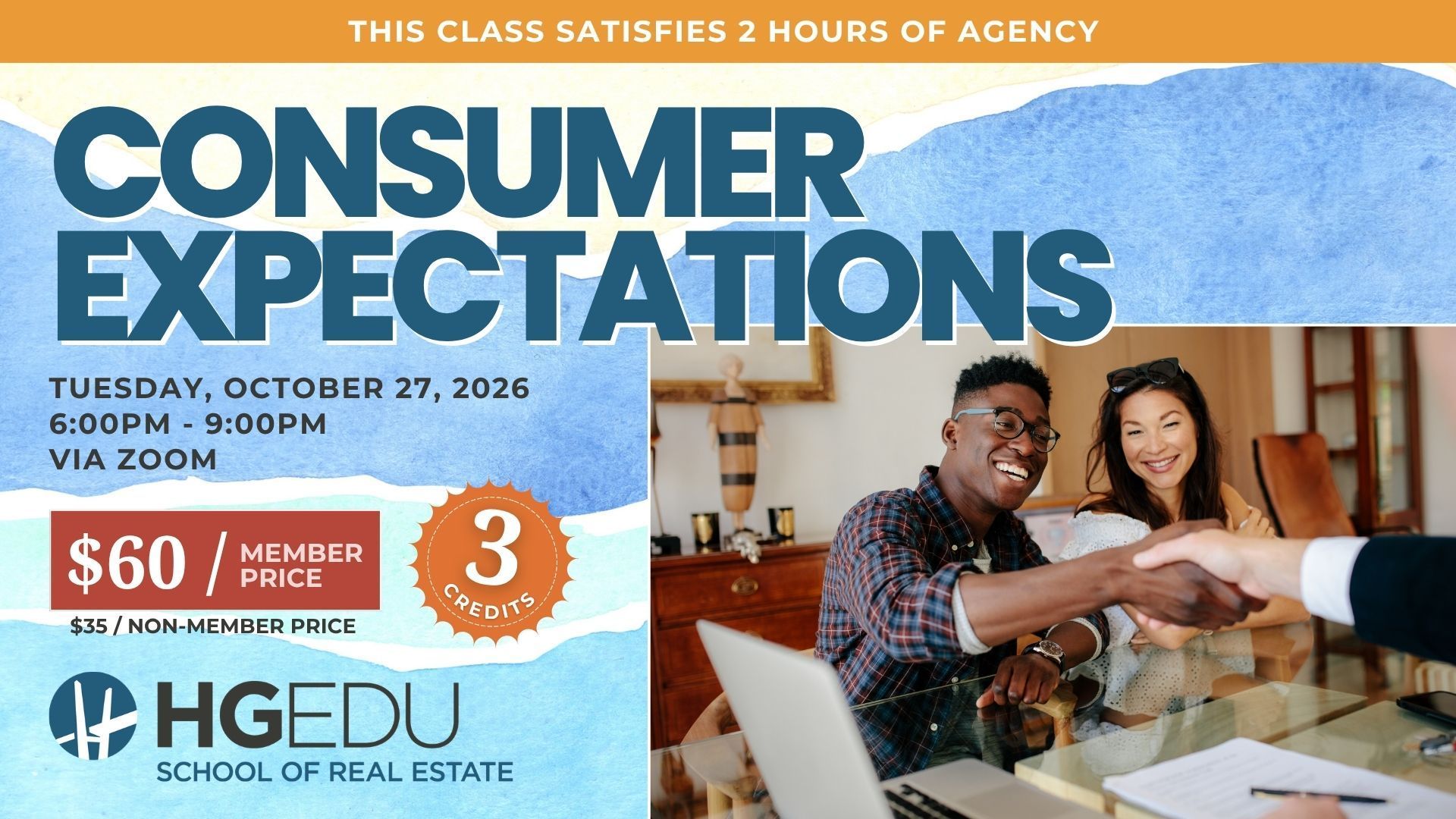 Consumer Expectations class flyer with blue header and two people at a laptop, Oct. 29, 2024, 6:30 PM, via Zoom
