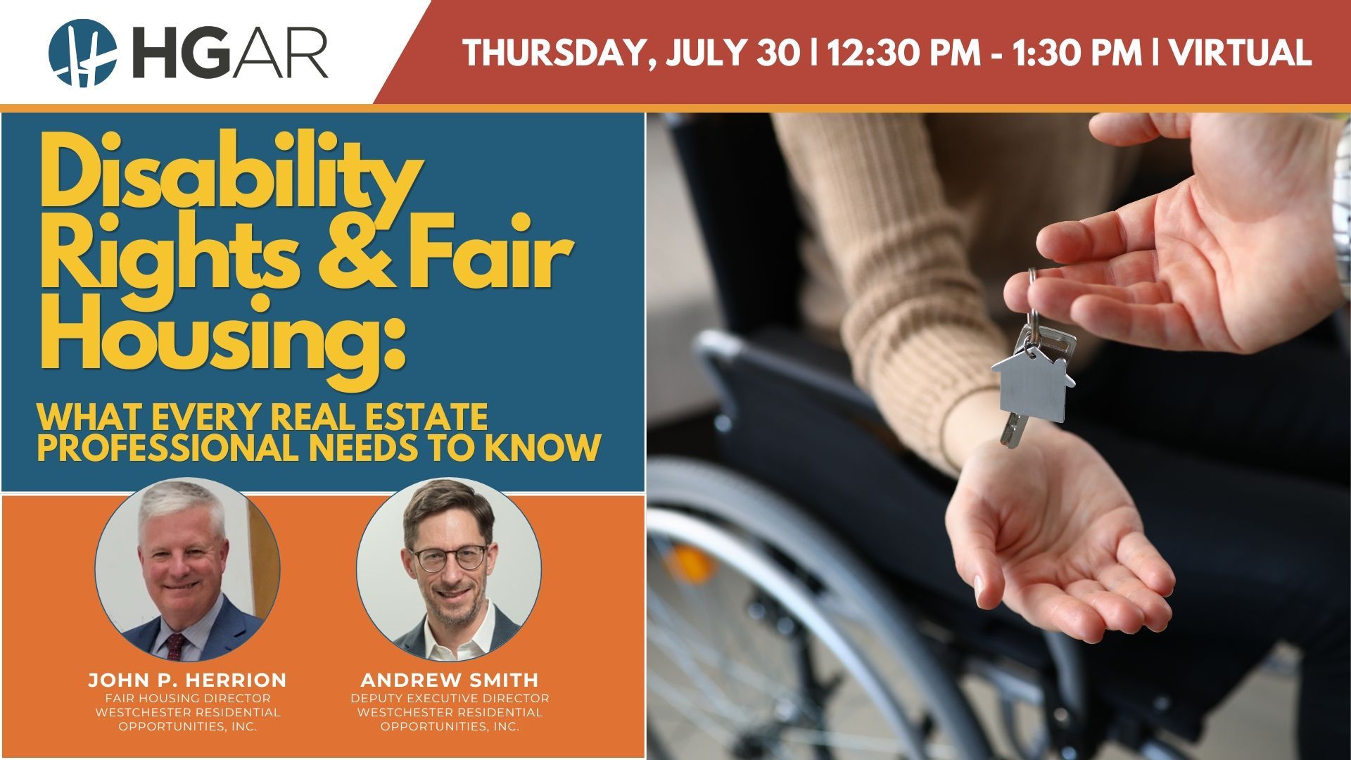 HGAR Disability & Fair Housing event flyer with two speakers and a wheelchair-accessibility photo.