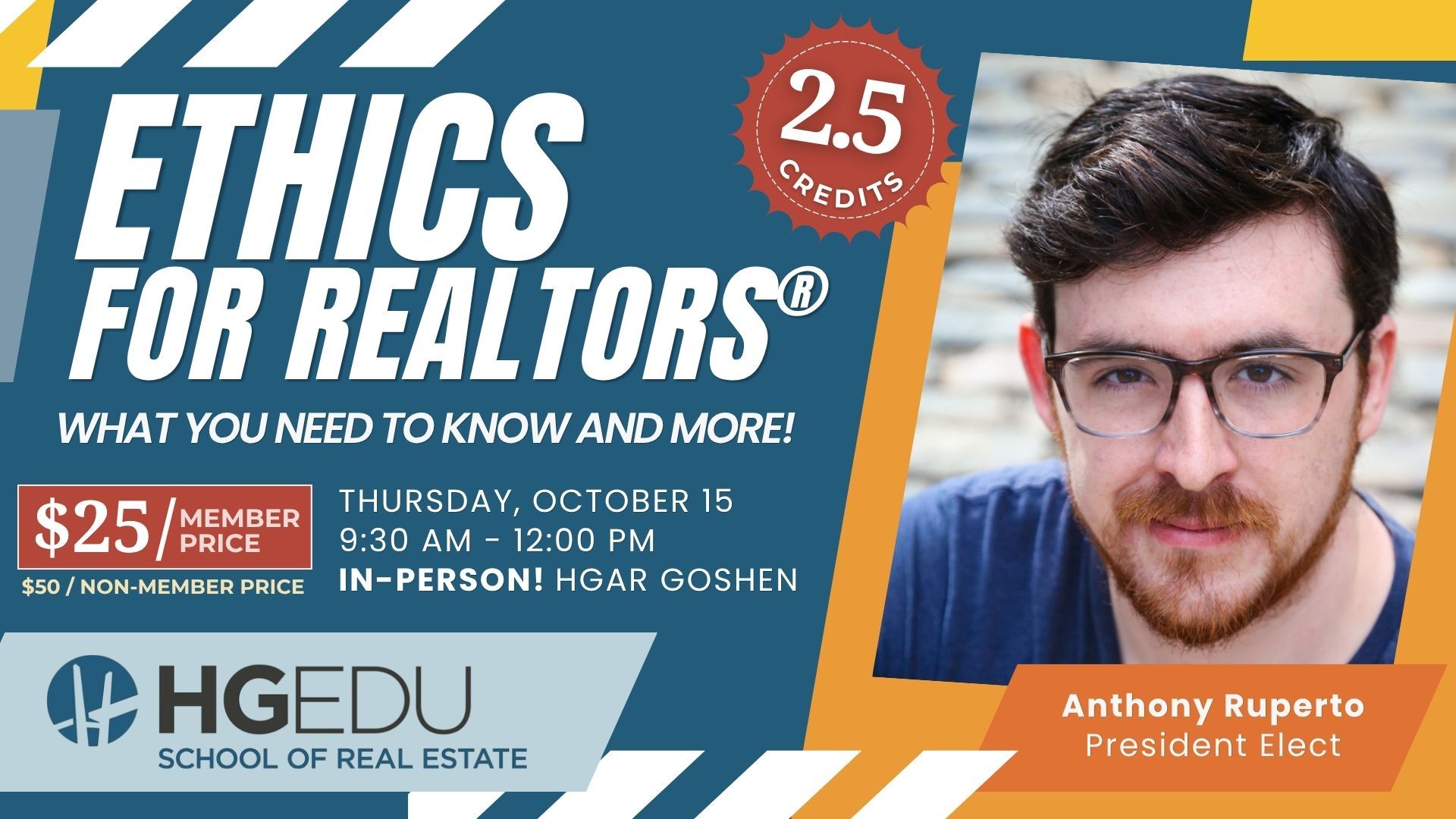 Ethics for Realtors webinar ad with HGAR logo, $25 member fee, and Anthony Rupert headshot on blue background