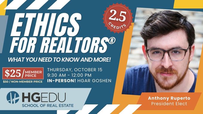 Ethics for Realtors webinar ad with HGAR logo, $25 member fee, and Anthony Rupert headshot on blue background