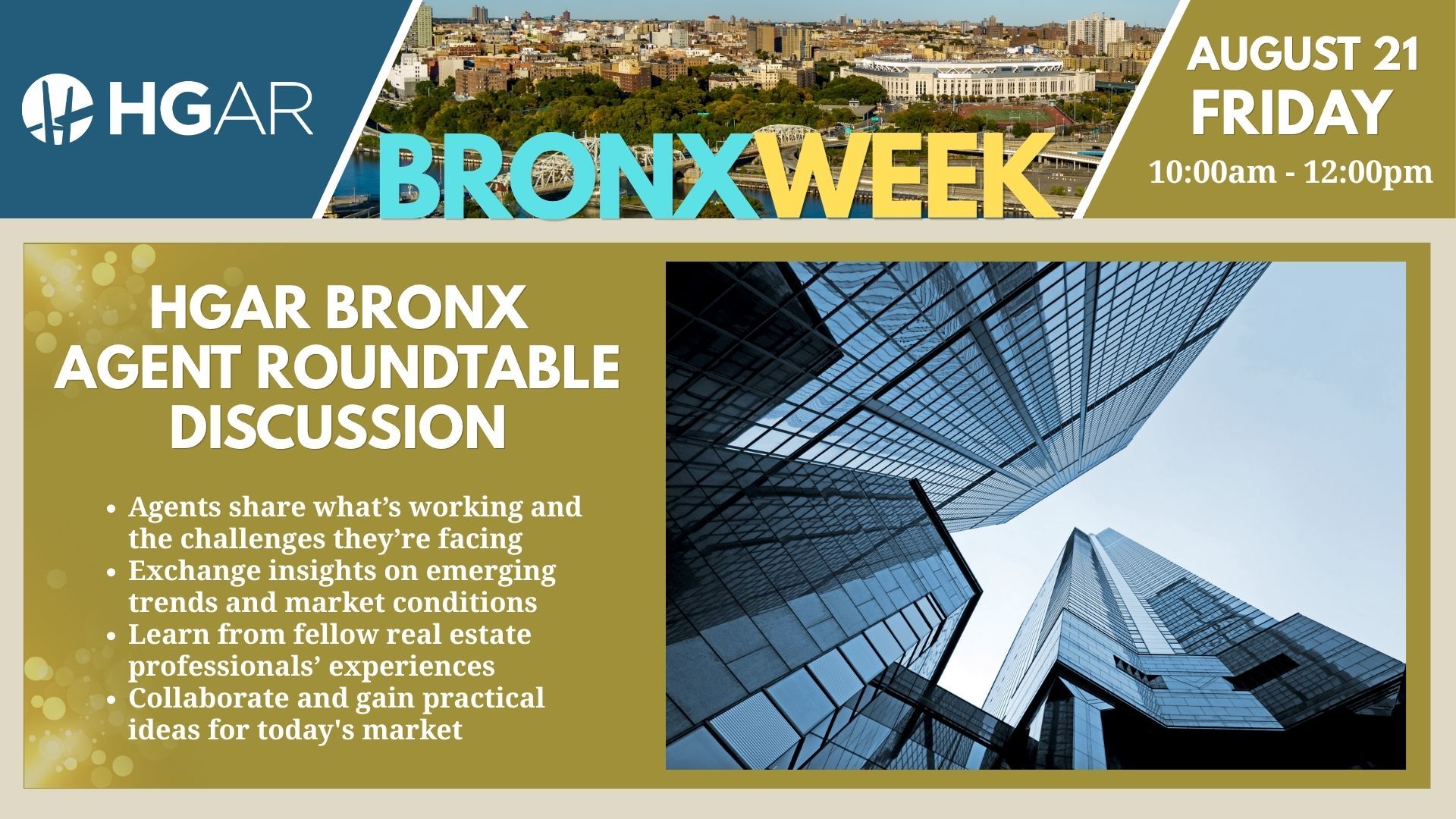 HGAR Bronx Week roundtable discussion promo with skyscraper photo and August 21 Friday event details