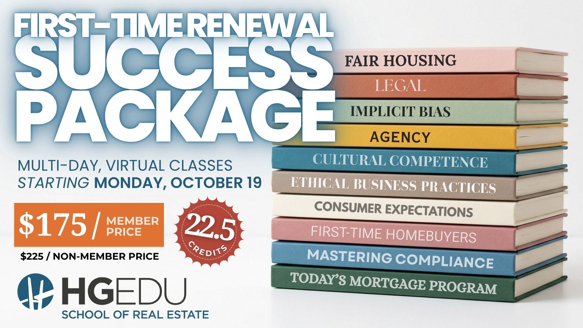 Promotional flyer for HGEDU’s First-Time Renewal Success Package with stacked books and $175 pricing.