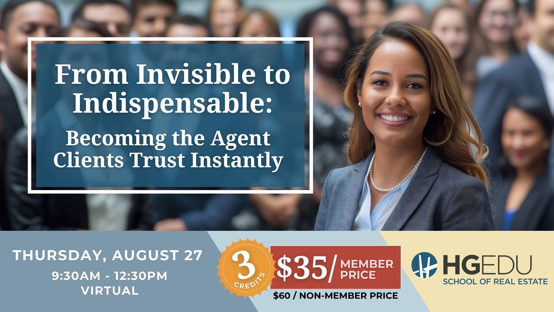 Webinar banner with smiling speaker, headline “From Invisible to Indispensable,” date, time, and HGEDU logo
