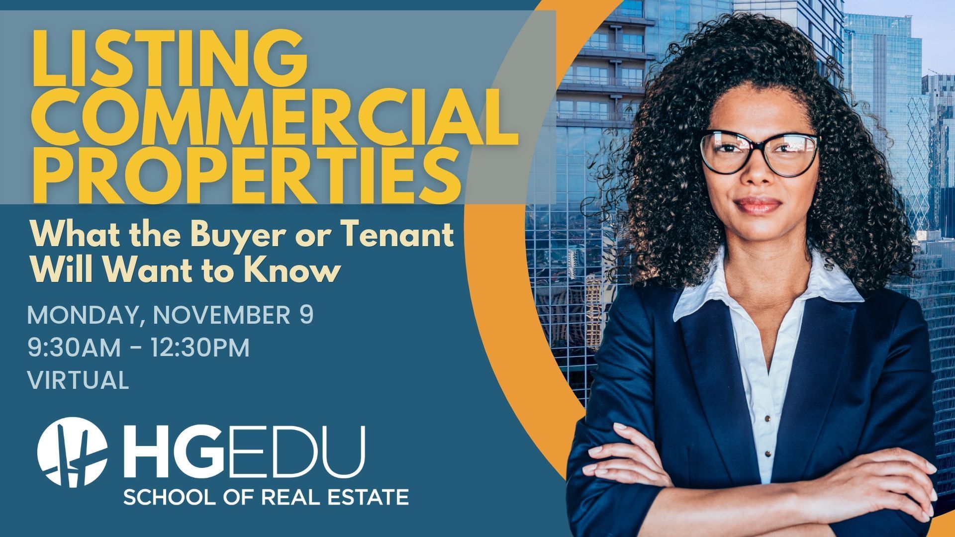 Promotional flyer for a virtual listing commercial properties webinar with HGEDU, featuring a businesswoman