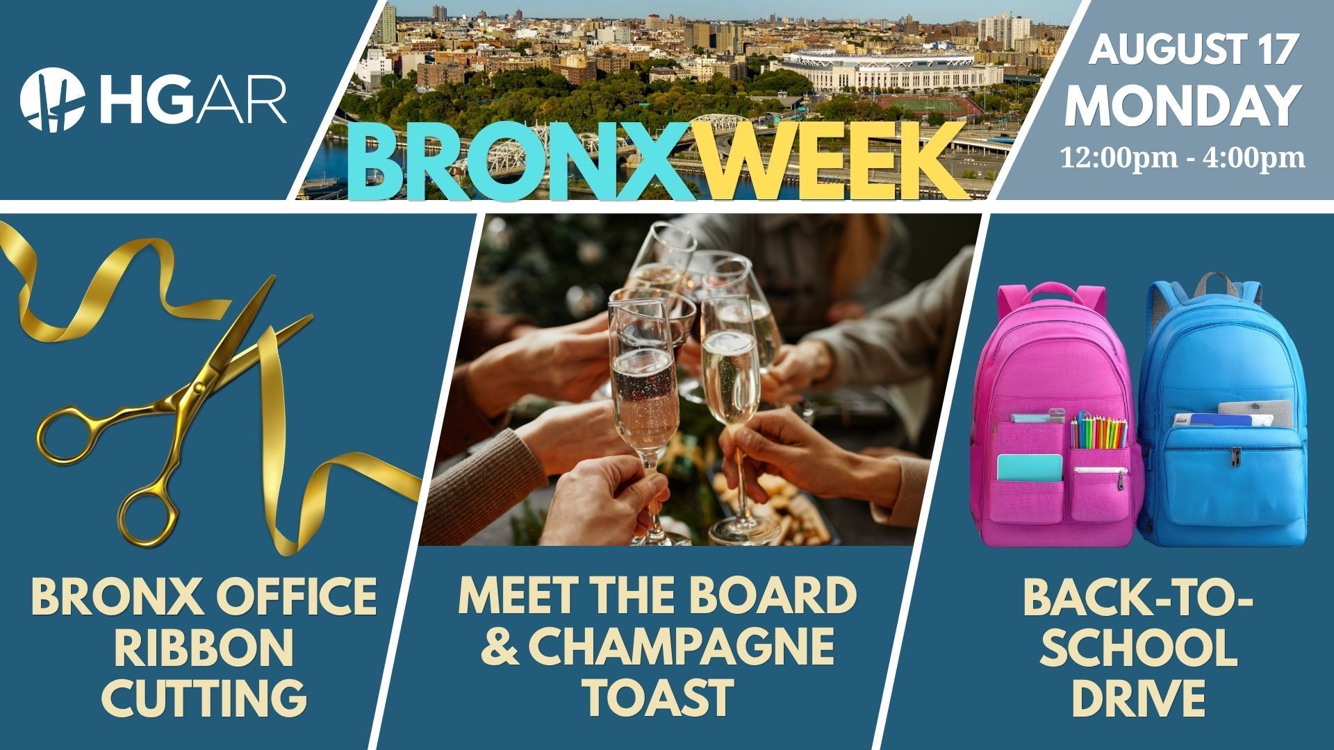 Bronx Week flyer for back-to-school drive, office ribbon cutting, and Aug. 17 Monday event with pink and blue backpacks.