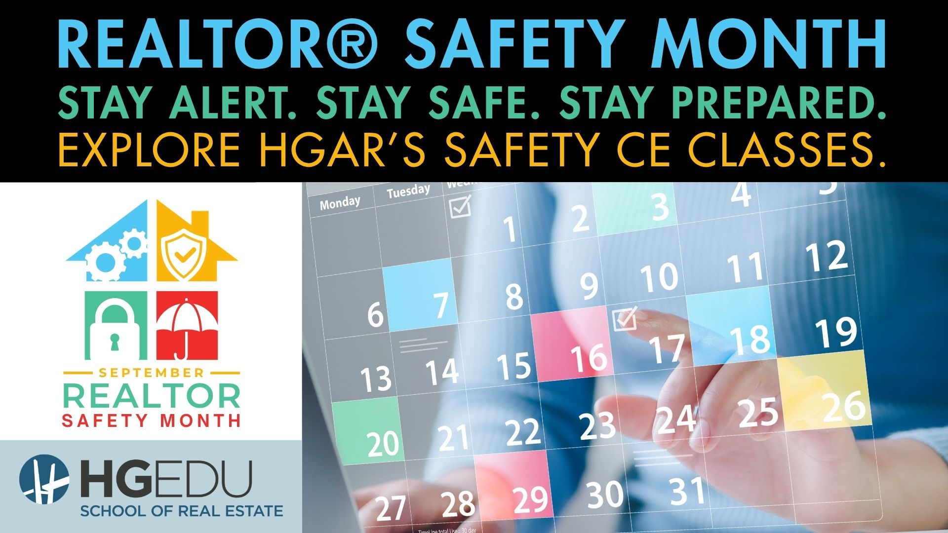 Realtor Safety Month ad with calendar background and HGAR safety class promotion