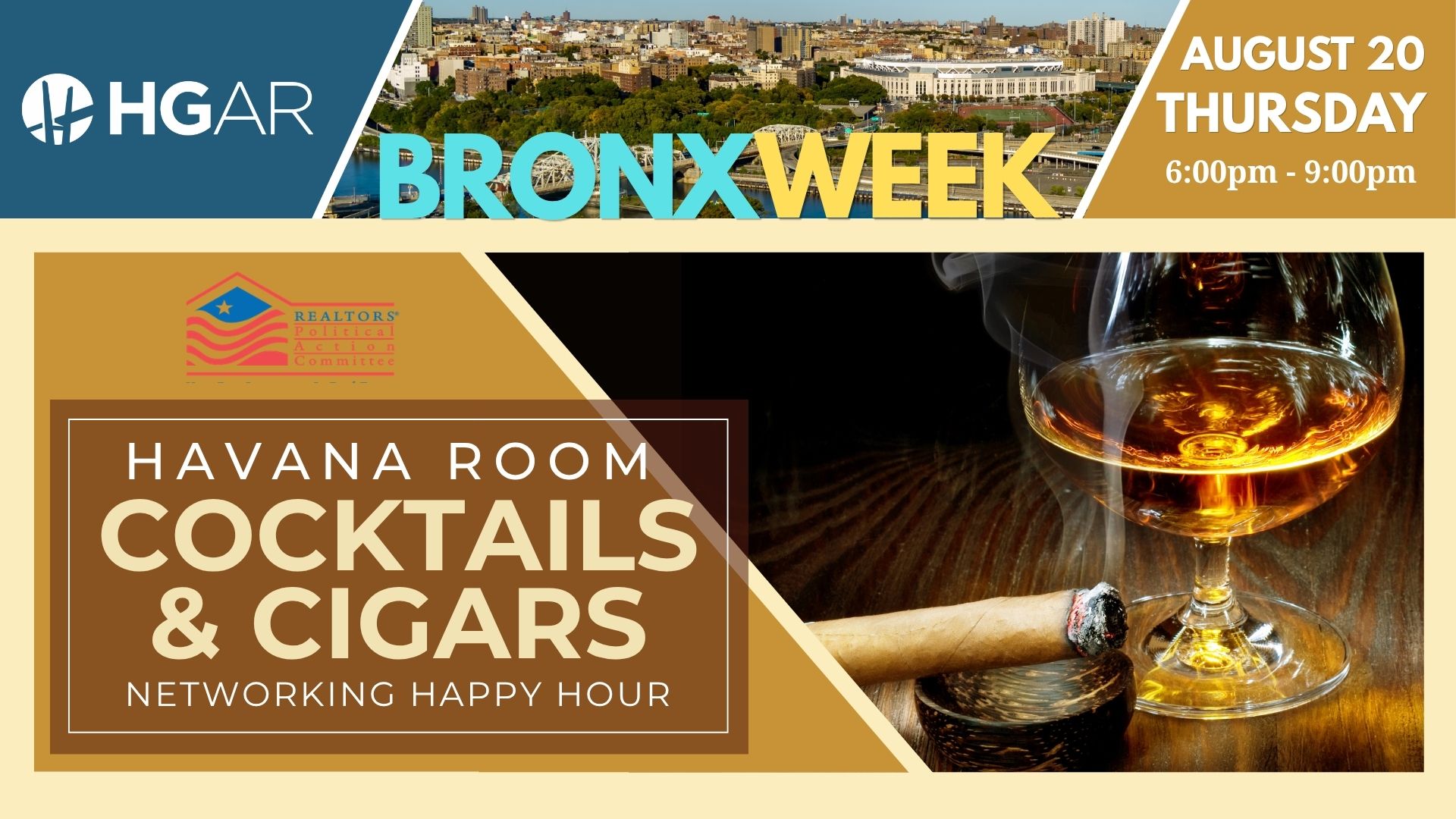 Bronx Week Havana Room cocktail and cigars networking happy hour with whiskey and cigar image