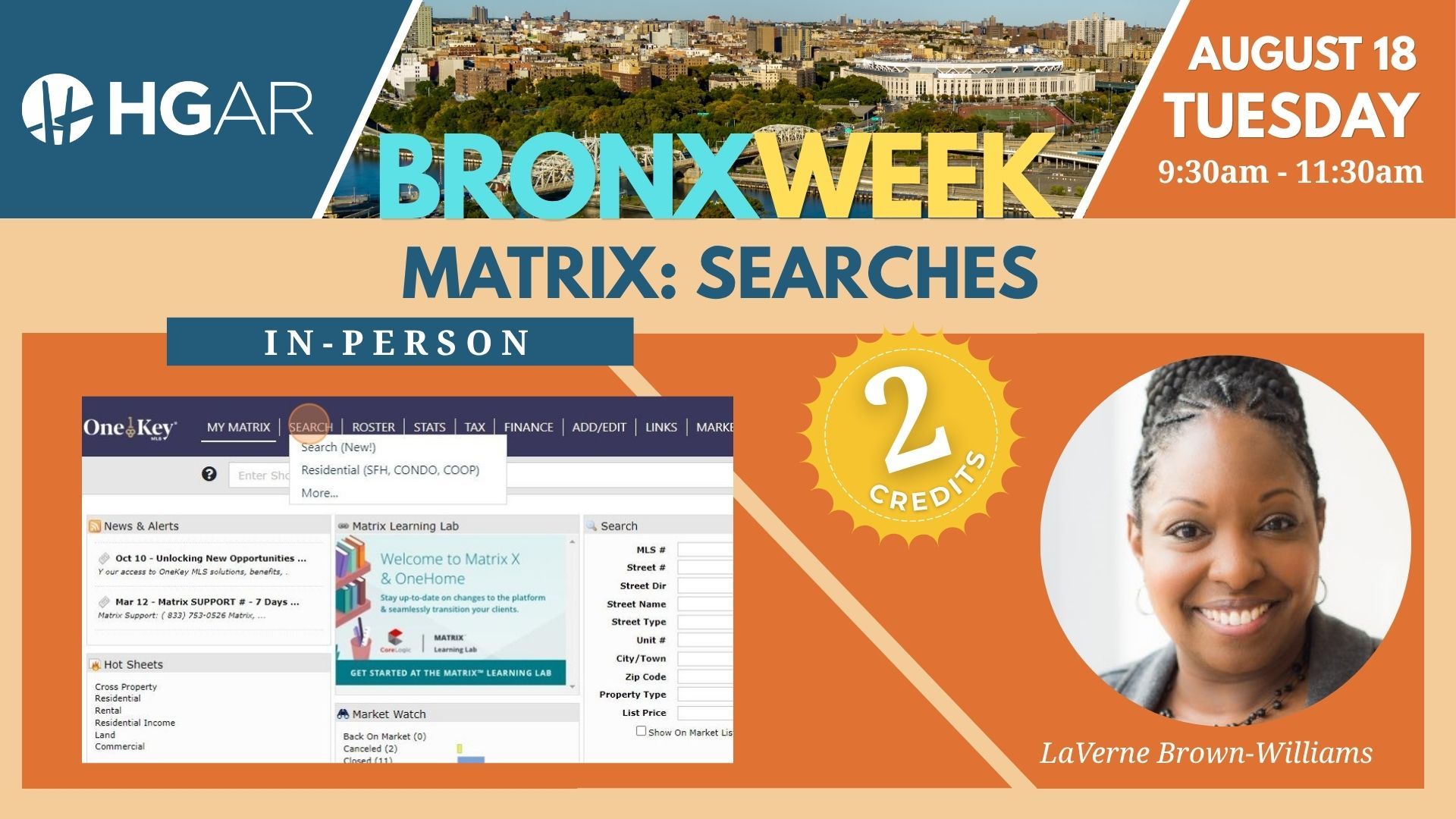 Bronx Week Matrix Searches event flyer with orange and blue design, dates, and a speaker photo