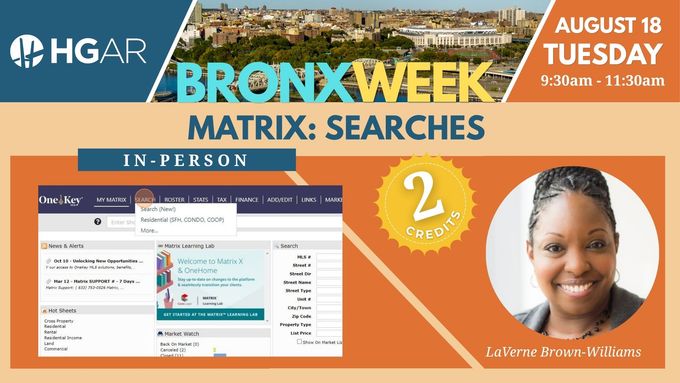 Bronx Week Matrix Searches event flyer with orange and blue design, dates, and a speaker photo