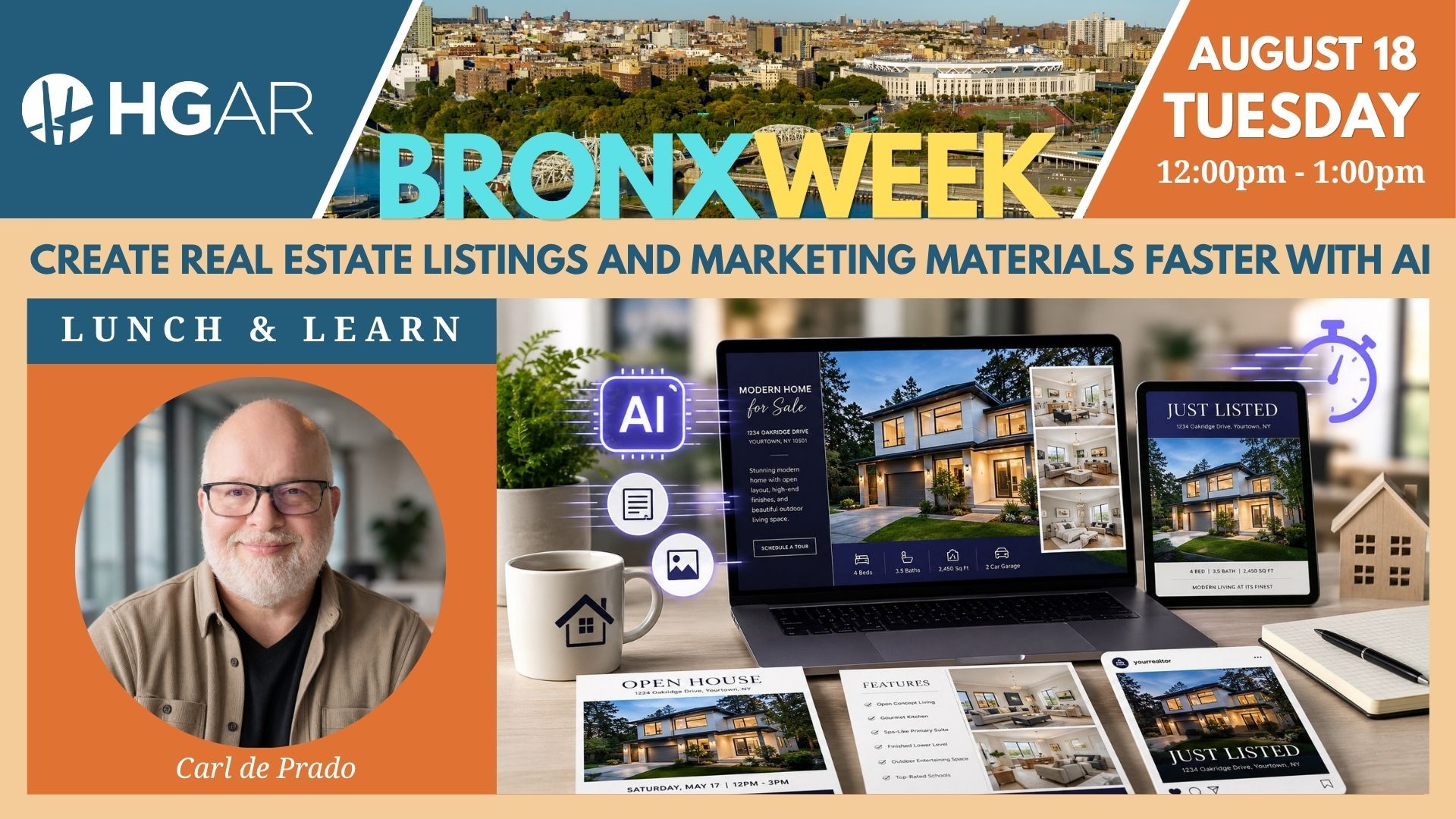 HGAR Bronx Week banner promoting AI for real estate listings and marketing materials, with host portrait and computer monitors