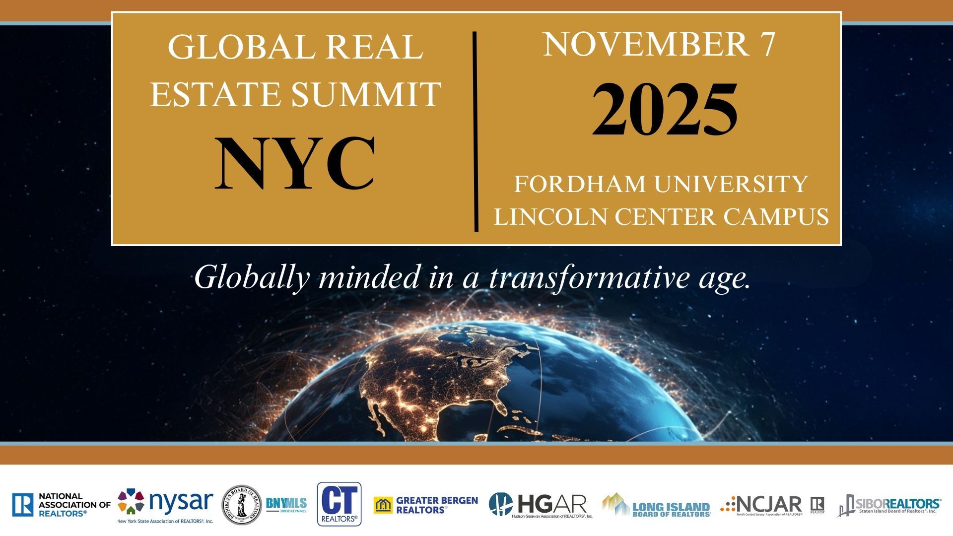 Global Real Estate Summit in NYC, November 7, 2025 at Fordham University. Globe image, brown and gold text.
