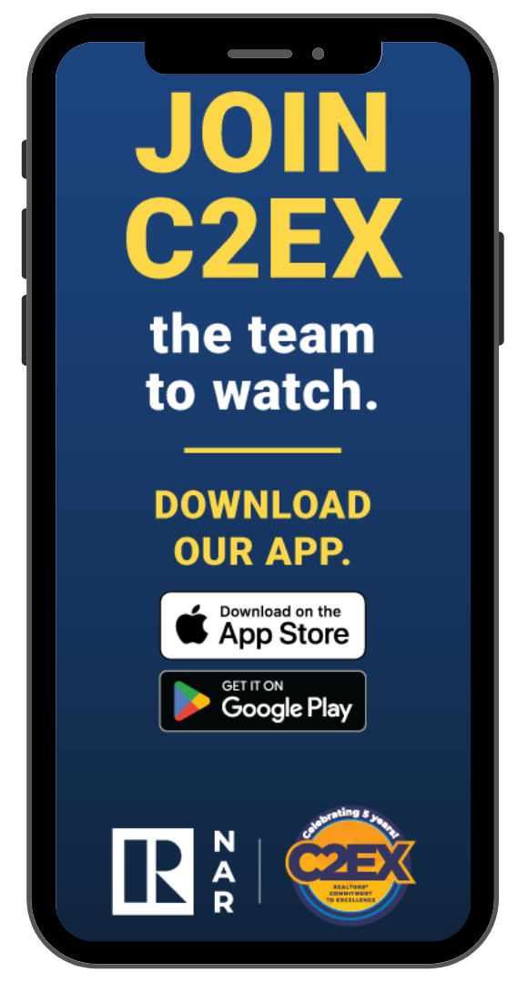 A cell phone with a sign that says `` join c2ex the team to watch . download our app . ''