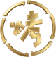 Gold Japanese kanji character inside a circular arrow motif on a white background