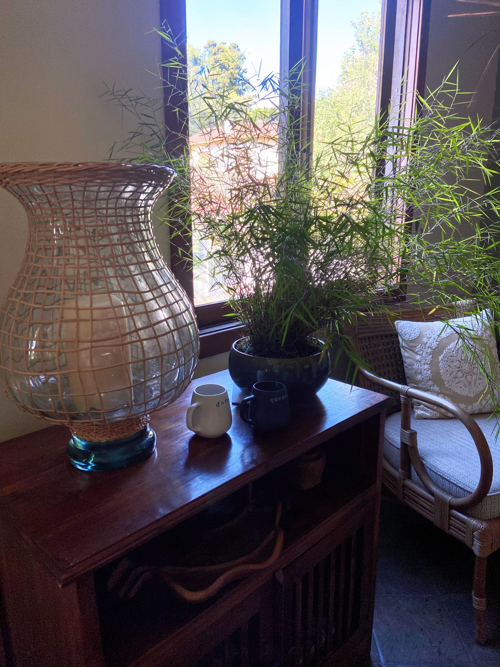 Um vaso está sobre uma mesa de madeira em frente a uma janela.