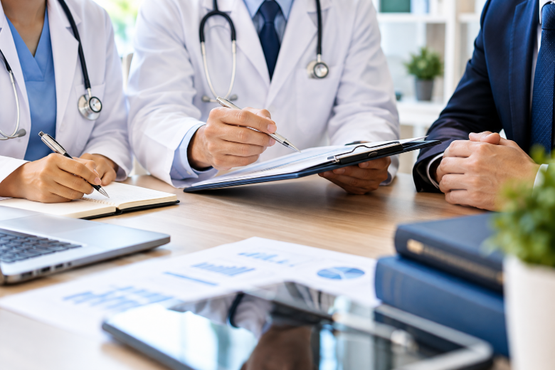 Doctors in white coats review documents around a conference table with a stethoscope and laptop.